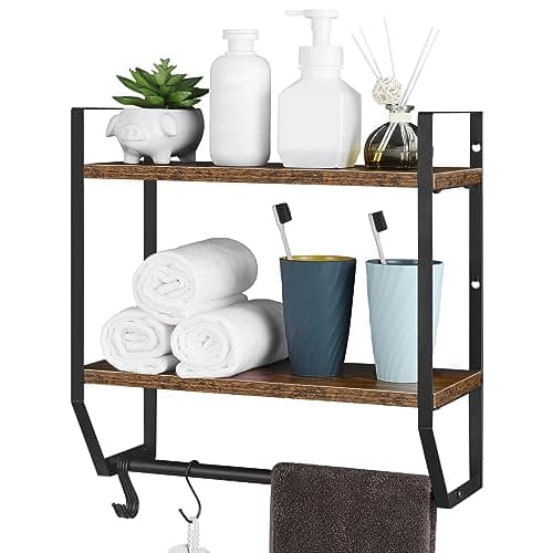 Towel Rack with Shelf 2 Tier Wall Bathroom Shelf with Towel Bar Hooks for Bathroom Living Room Kitchen, Brown