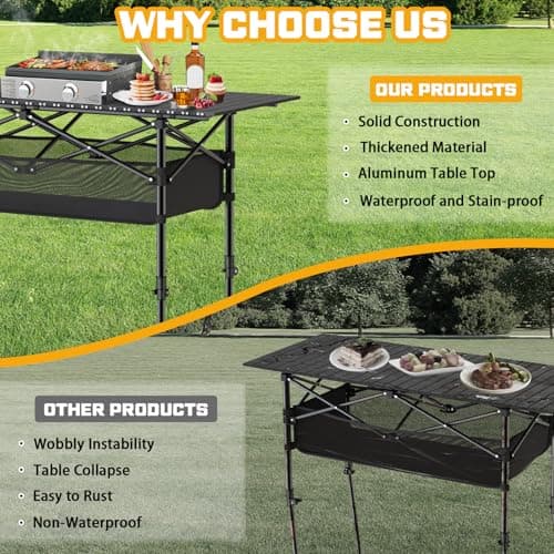 Height Adjustable Camping Table, Outdoor Folding Camping Table with Mesh Storage/Carrying Bag, Portable Aluminum Roll-up Table for Camping, Party, Backyard, BBQ 6