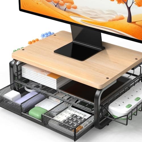 Qatsrin High Grade Wood Monitor Stand Riser, Large Capacity Monitor Stand with Drawer, Monitor Stand for Desk with Plug Holder Pen Holder, Monitor Riser Desk Organizer for Laptop iMac, Original Wood