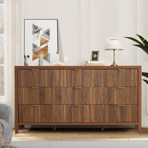 affeivul Mid Century Modern Dresser TV Stand, 9 Drawer Dresser for Bedroom Wood, Farmhouse Boho Storage Cabinet Side Table with Solid Natural Wood Legs, Long Wooden Nightstand for Closet (Walnut)
