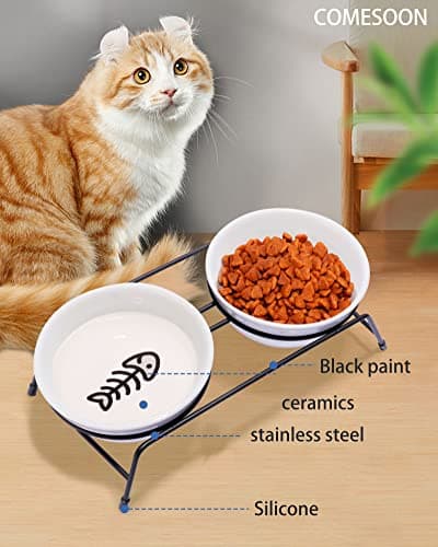 Anti-Vomiting Raised Cat Bowls - 2 × 13 oz Ceramic Cat Food & Water Bowls with Non-Slip Stainless Steel Stand, Dishwasher Safe for Indoor Cats 8