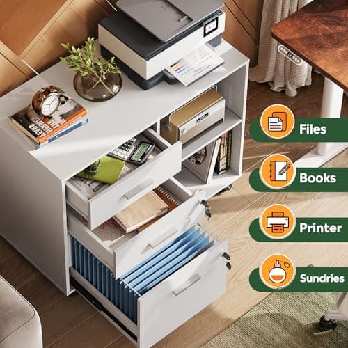 DEVAISE 3-Drawer Wood File Cabinet with Lock, Mobile Lateral Filing Cabinet, Printer Stand with Open Storage Shelves for Home Office, White 5