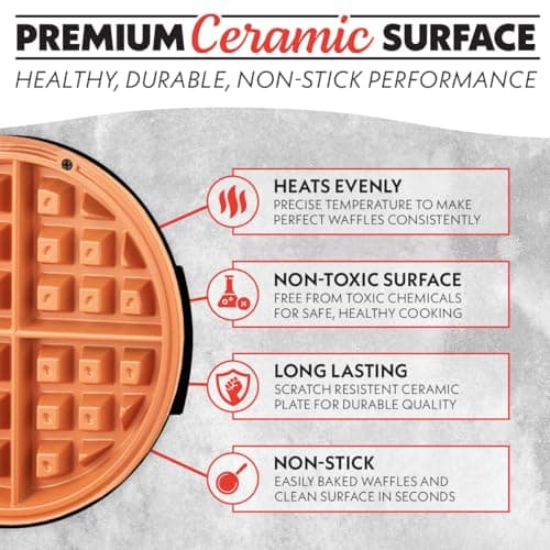 Gourmia Belgian Waffle Maker – Compact Design with Upright Storage, Adjustable Browning, and Easy-Clean Nonstick Ceramic Plates, Stainless Steel 7