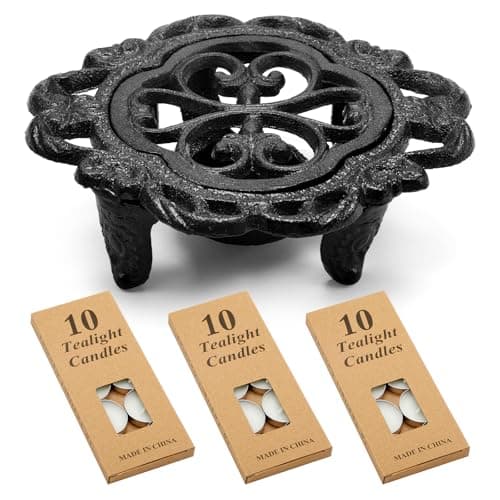 Menkxi Cast Iron Teapot Warmer Dish Cups Heater Pot Trivet with 30 Pieces Candles Heavy Duty Decorative Candle Holder Stands for Teapot Heat Food Coffee or Tea