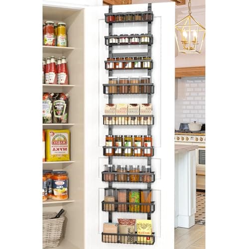 cutefafa Over the Door Pantry Organizer 9 Tier Metal Narrow Door Pantry Spice Rack with Height Adjustable Baskets Pantry Storage 14.8" W x 77" H for Kitchen, Bathroom (Black)