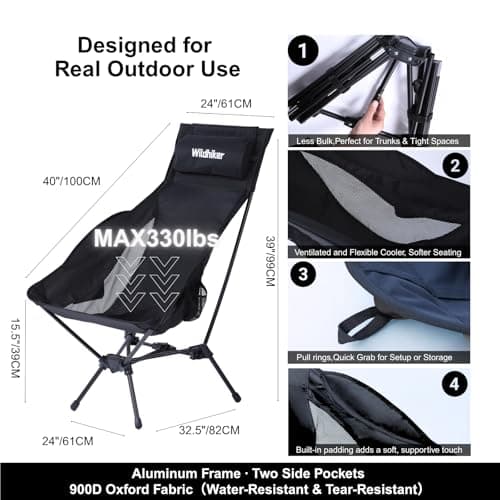Wildhiker Portable Compact Folding Camping Chairs – Lightweight High Back with Pillow, Deep Recline, ArmPads, Side Pockets-for Motorcycle, RV, Backpacking, Travel, Festival – Black 6