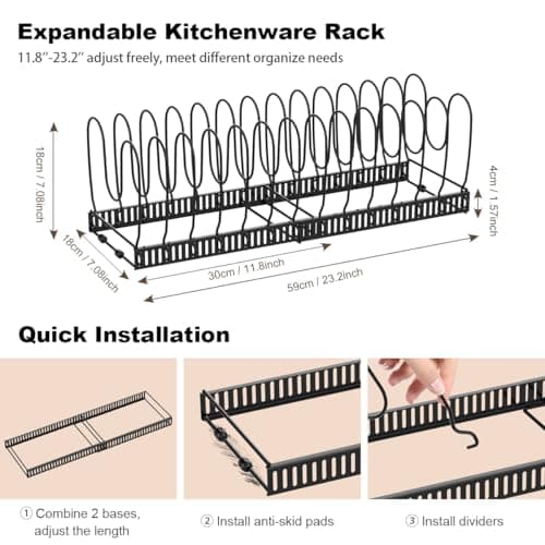 Housolution Pot and Pan Organizer Rack for Cabinet, Expandable Pot Lid Organizer Holder with 14 Adjustable Dividers, Fully Expanded Size 22.83" W x 7.09" D x 7.09" H, Black 5