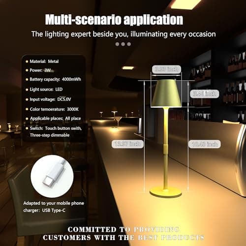 Timjorman 1-Pack Cordless Table Lamps - 5000mAh Rechargeable Battery Operated Desk Lamp, 3-Level Dimmable LED Night Light for Bedroom, Dining, Restaurant - Metal Design (Champagne Gold-1Pack) 7