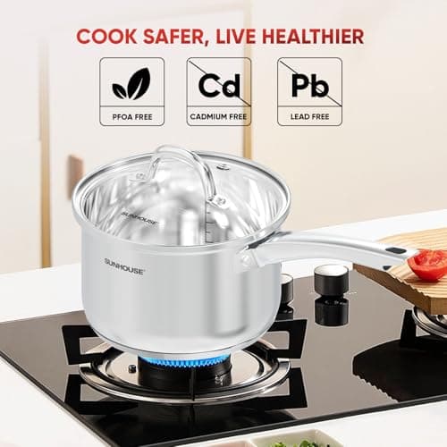Sunhouse – 2 Quarts Stainless Steel Sauce Pan with Lid - PFOA-FREE, Stainless Steel Sauce Pan, Advanced Impact Bonding Induction Base, Stay-Cool Handle, Compatible with All Cooktops 7