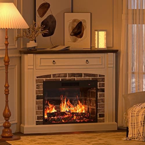 OUTGUAVA Electric Fireplace with Mantel, Corner Fireplace TV Stand, Entertainment Center with Hidden Drawer, Electric Fireplace Heater with Realistic Stacked Stone Surround for Living Room (White) 5
