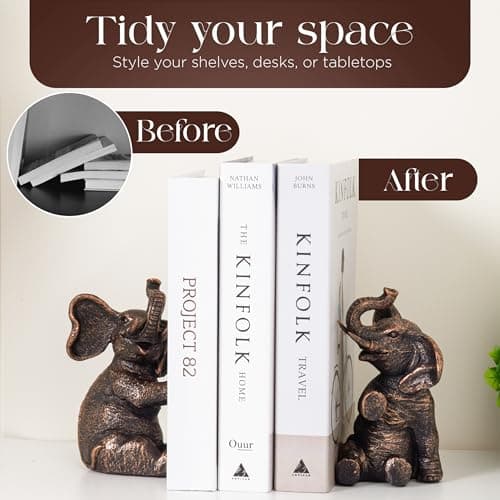 DURAGOODS Decorative Vintage Elephant Bookends with Non-Slip Padding for Shelves to Hold Books - Heavy Duty Resin Book Holders for Bookshelf Decor, Home, Office, Living Room – 4” L x 4” W x 7”H 5