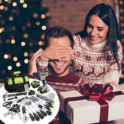 WORKPRO Home Tool Set with 20V Cordless Lithium-Ion Drill Driver, Household Repairing Tool Kit with Drill, 157PCS Power Drill Sets, 14-Inch Wide Mouth Storage Tool Bag, Green 9