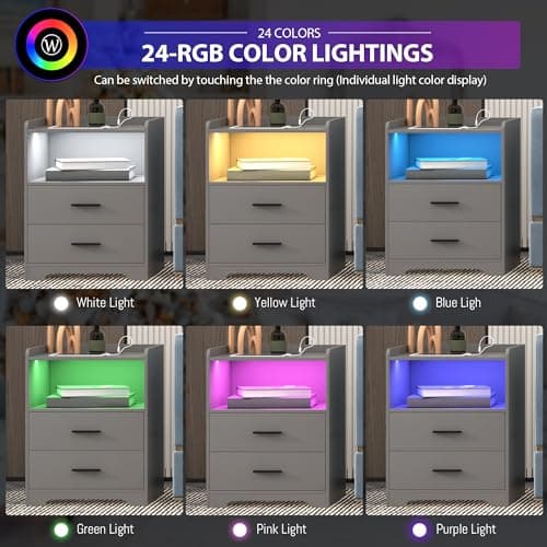 dnbss Grey Night Stand with Wireless Charging Station, Nightstand with 2 Drawers, Smart Bedside Table with 24-Color RGB Lighting, Modern LED Lighted Nightstand for Bedroom 4