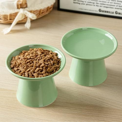 KITCHENLESTAR 6.2 Inch Extra Wide Elevated Ceramic Cat Bowls, Food and Water Bowl Set for Elder Big Cats Small Dogs, Raised Design for Pet Easy Eating, Protect Cat's Spine Set of 2(Light Green) 6