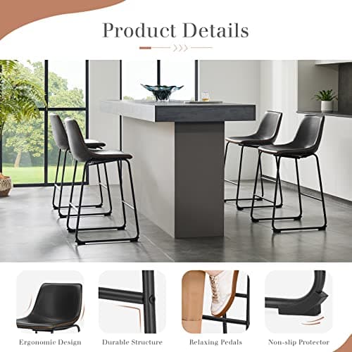 Sweetcrispy Counter Height Bar Stools Set of 2, 26 inch Height Stool Faux Leather Barstools with Back, Armless Kitchen Island Countertop Comfortable Modern Chairs with Metal Legs - Black 5