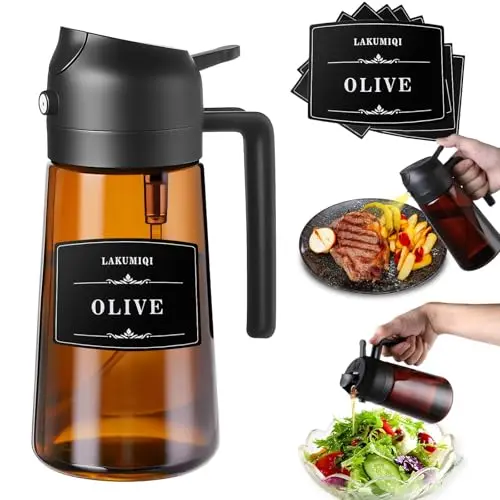 LAKUMIQI 2 in 1 Oil Sprayer for Cooking, 16oz Olive Oil Dispenser Bottle for Kitchen, Food Grade Light-Blocking Leak Proof Glass Spray Bottle for Salad, Air Fryer, BBQ