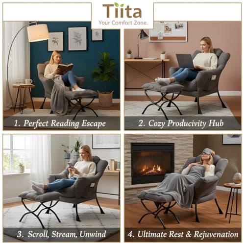Tiita Lazy Chair with Ottoman, Gray Modern Large Accent Chair, Comfy Leisure Sofa Armchair with Ottoman, Reading Chair with Footrest for Bedroom, Living Room, Dorm Rooms, Garden Dark Grey 7