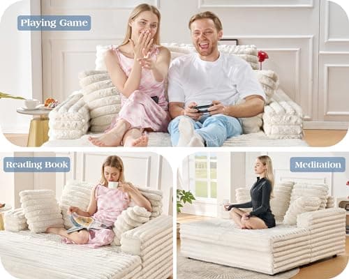 VanAcc 58 Inch Chaise Lounge Indoor, Upholstered Sofa Bed with Throw Pillows and Armrests, Sleeper Chair- Plush Chair Bed for Living Room, Off-White 7