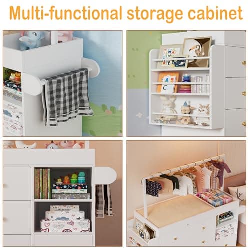CASANOOKK Modern Changing Table Dresser,Baby Dressing Table with 4 Drawers and Storage Shelves,Multi-Functional Baby Changing Table with Drying Rack for Nursery, White 5