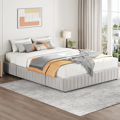 Yaheetech Queen Bed Frame Upholstered Platform Bed with 3 Storage Drawers, Large Storage Space/Strong Wooden Slats/Non-Slip and Noise-Free/No Fixed Headboard/No Box Spring Needed/Beige Queen Bed