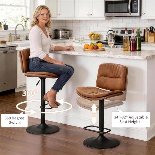 FIRAVOE Swivel Bar Stools Set of 2, Double-Layer Upholstered Counter Height Bar Stools with Back, Adjustable Bar Stool 24"-32", Faux Leather Barstools for Kitchen Island (Brown, 2PCS (24"-32")) 3