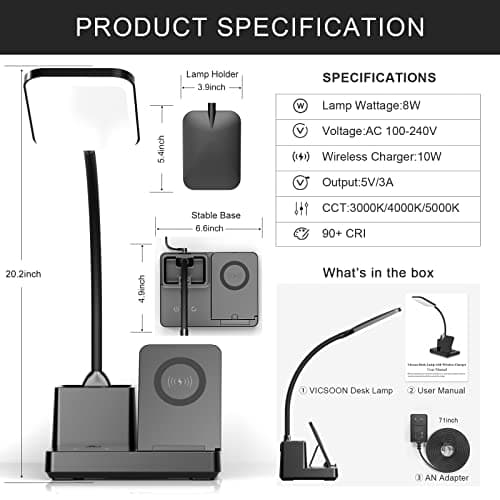 Vicsoon Desk Lamp with Wireless Charger USB Charging Port, Eye-Caring Desk Lamp for Home Office with Pen Holder, Dimmable Table Lamps 3 Color Modes 6