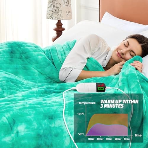 greenoak Heated Electric Blanket Throw, Faux Fur Sherpa Heating Blanket for Sofa Bed, Warm Winter Gifts for Women/Her, Heater Lap Blankets 5-Position Timer &10 Heating Levels 50''*60" Aqua 6