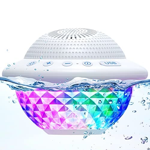 Floating Pool Speakers with Colorful LED Lights, IPX7 Waterproof Hot Tub Bluetooth Speaker, 10W Stereo Loud Sound, Built-in Mic, Portable Wireless Speakers for Shower Bathtub Beach Outdoor Swim-White