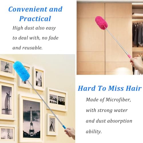 4 Pack Microfiber Feather Duster, with Extendable Pole and Bendable Head, Washable Microfibre Cleaning Tool for Cleaning Office, Car, Computer, Furniture, Sofa, Photo Frame 6