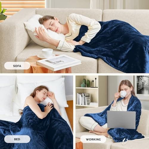 HYLEORY Heated Electric Blanket Throw 50" x 60" Soft Warm Flannel with 6 Heating Levels & 9 Hours Timer Auto Shutt Off, Heating Blanket for Full Body - Navy Blue 6