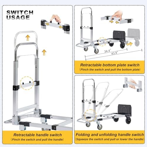 Upgraded 3 in 1 Aluminum Folding Hand Truck, 600lbs Capacity, Heavy Duty Convertible Dolly with Retractable Handle and 4 Rubber Wheels, Collapsible Cart for Moving Home, Office, Warehouse (Black) 6