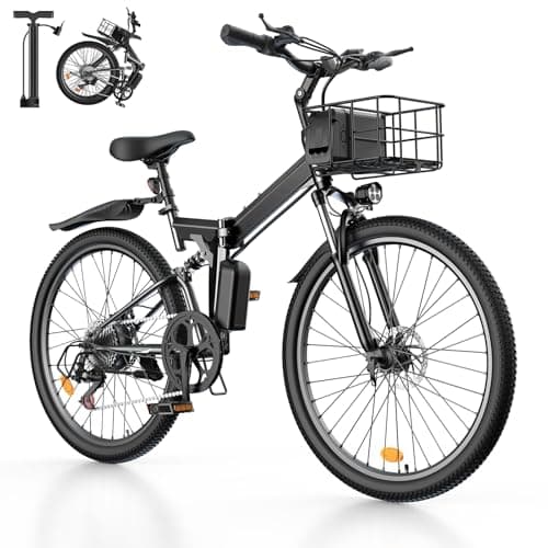 Flydone Urban/Folding Electric Bike for Adults 36V 13Ah Peak 1000W 26" with Basket Dual USB Charging Ports Full Suspension 7 Speed Gearshift Ebike 20mph Foldable Electric Mountain Bike