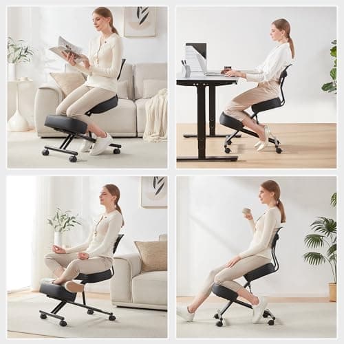 SOMEET Ergonomic Kneeling Chair with Back Support, Kneeling Desk Chair for Home Office with Brake and Gliding Casters, Adjustable Posture Chair with High Back for Desk to Relieve Back Pain, Black PU 7