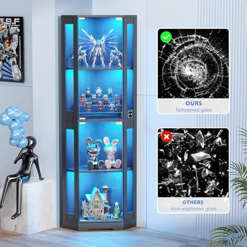 BROTTAR 65" Corner Glass Display Cabinet with LED Lights, 4-Tier Showcase Display Case with Glass Doors & Human Body Sensor for Collectibles, Liquor, Black 7