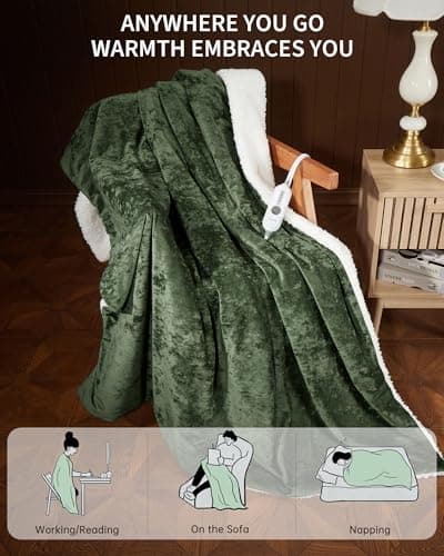 GarveeHome Electric Blanket Throw, Velvet Heated Throw Blanket, Luxury Soft Electric Heating Blankets, 4 Heat Levels & 4H Auto Off, ETL Certified, Machine Washable, 50" ×60" Green 5