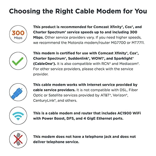 Motorola MG7550 16x4 Cable Modem Plus AC1900 Dual Band WiFi Gigabit Router with Power Boost and DFS, 686 Mbps Maximum DOCSIS 3.0 - Approved by Comcast Xfinity, Cox, Charter Spectrum, More (Black) 7