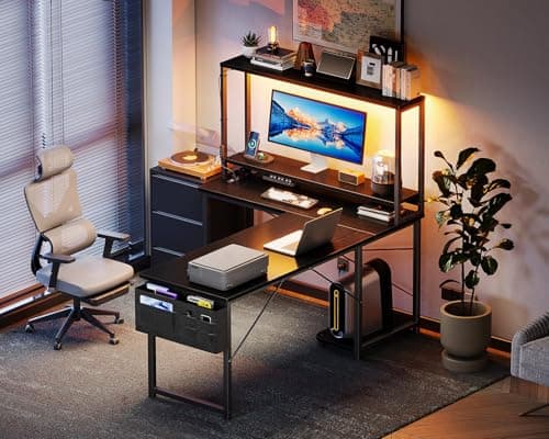 AODK L Shaped Desk Gaming Desk with LED Light & Power Outlet, 53 Inch Reversible L Shaped Computer Table with Shelf & Storage Bag & Hook for Home Office, Black 8