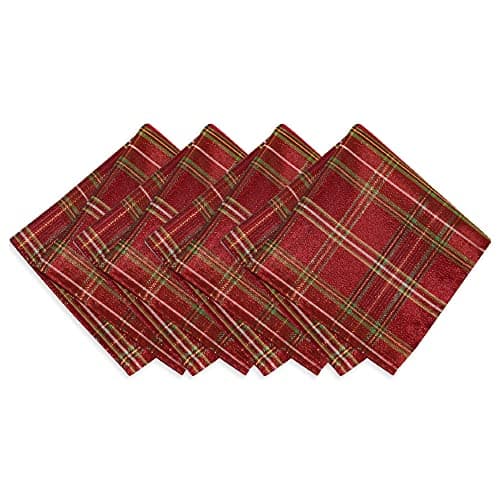 Elrene Home Fashions Shimmering Plaid Holiday Cloth Napkins, Set of 4, 17 Inches x 17 Inches, Red