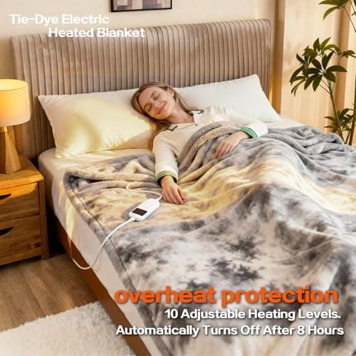 Cushious Electric Heated Blanket Throw 50''x60''Size Faux Fur Heating Blanket 10 Heating Settings, 1-8h Timer & Overheat Protection, Machine Washable, Soft Flannel and Sherpa Full Body Warmth 5