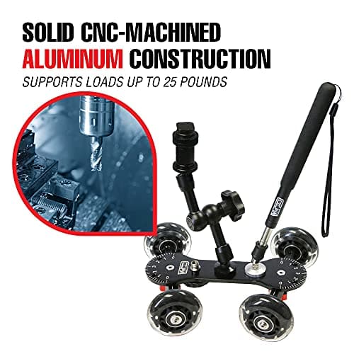 Vidpro SK-22 Professional Skater Dolly - Rolling Slider for DLSR Cameras & Camcorders Ideal for Low-Level Shooting & Panning 25 Lbs Capacity Smooth Rubber Wheels 7 Mounting Points & Extendable Handle 5