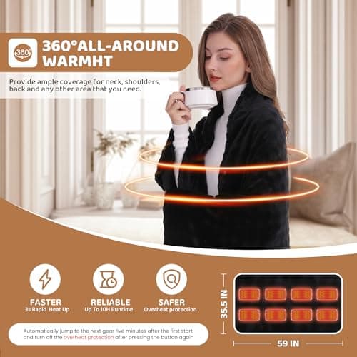 TZOSDOBO Cordless Heated Blanket, Battery Operated Heating Blanket with 20000mAh Rechargeable Power Bank, Portable Heated Throw Blanket, 59"x 35.5" Electric Heated Shawl, 3 Fast-heating Levels (Black) 3