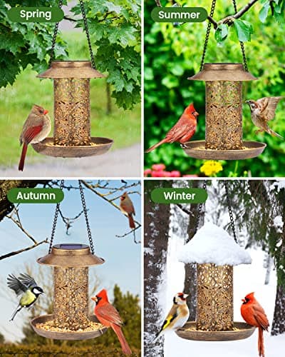 SWEETFULL Solar Bird Feeder for Outdoors Hanging, Metal Wild Bird Feeder for Cardinals Solar Garden Lantern with S Hook as Gift for Bird Lovers (2LBs Heavy Duty birdfeeders) 7