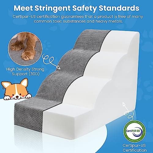 PAWSCRAT Dog Stairs 4 Steps, 19.6 inch High Pet Stairs, 30D Foam Dog Dtairs & Steps Curved Steps and Small Step Angle Protect Your Pet's Joints, Dog Steps for Small Dog, Dog Stairs to Bed, Gray 6