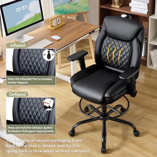 Drafting Chair,Executive Tall Office Chair Flip-up Armrests for Counter Height Desk Drawing Use,High Task Chair with Adjustable Foot Ring & Inflatable Lumbar Support, Swivel Computer Stool,PU Black 8