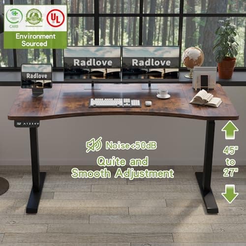 Radlove Dual Motors Height Adjustable 63 x 30 Electric Standing Desk with Curved Design Stand Up Table 4 Memory Keys, Computer Desk with Splice Board Home Office Desk, Brown Top + Black Frame 4