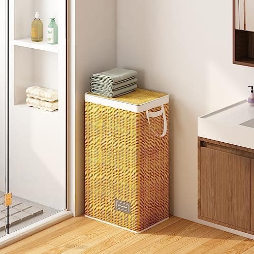 Wisdom Star Full Fabric Laundry Basket with Lid, 100L, Large Laundry Hamper with Handle Removable Bag, Collapsible Clothes Hamper Organize, For Change of Clothes Toys Towels, Wicker Print
