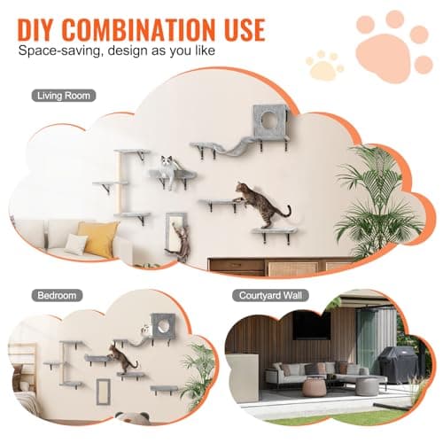 VEVOR Wall Mounted Cat Shelves, Perches with Jumping Boards, Hammock, Sofa, Cat Furniture and Shelves up to 40 lbs for Sleeping, Playing, Climbing, Set of 6 6