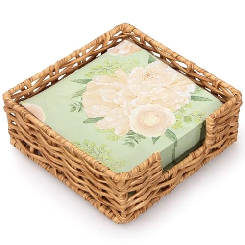 Gtencemen Square Cocktail Napkin Holder Rattan Napkin Holders for Kitchen Bathroom Flat Napkin Holder Tray Farmhouse Napkin Holders for Table Woven Guest Towel Holder, 6" ×6" × 2.3"