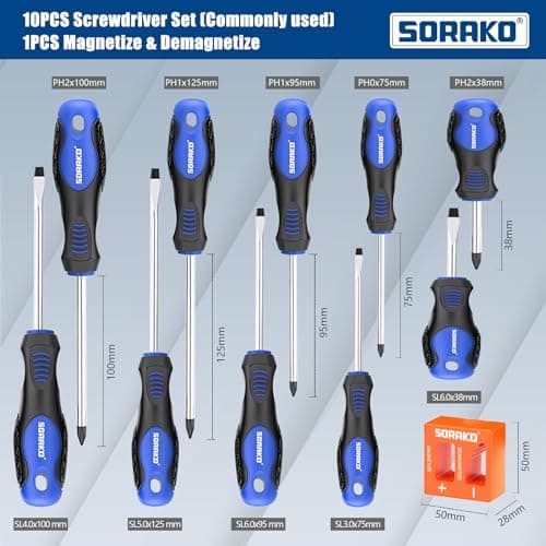 SORAKO 12 Piece Magnetic Screwdriver Set 5 Phillips and 5 Flat 1 Magnetising Tool 1 Storage Bag Professional Cushion Grip Hand Tools Set for Fastening and Loosening Seized 6