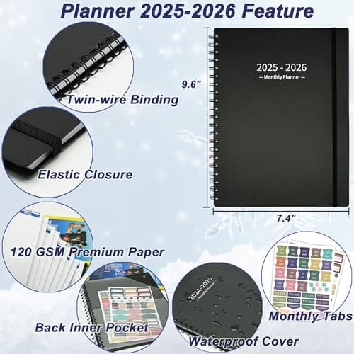 Academic Planner 2025-2026 (7.4'' x 9.6''), 18 Months Calendar from Jan 2025-Jun 2026, Monthly Tabs & Pocket, Perfect for School & Work, 120GSM Thick Paper, Black 6